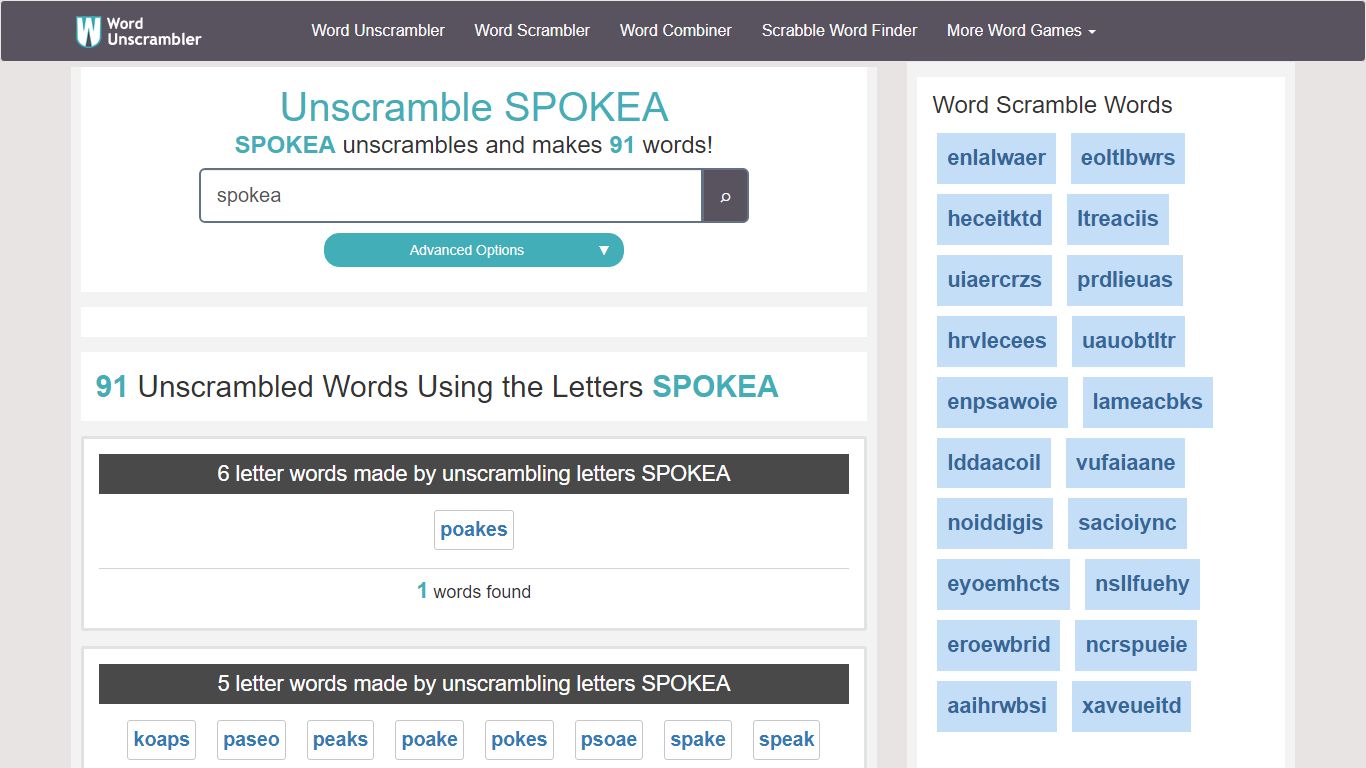 Unscramble SPOKEA - Unscrambled 91 words from letters in SPOKEA